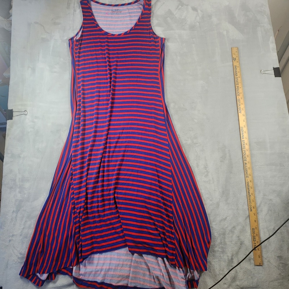 Vineyard Vines Red Blue Stripe Sleeveless Stretch Maxi‎ Dress Nautical Hi Lo L